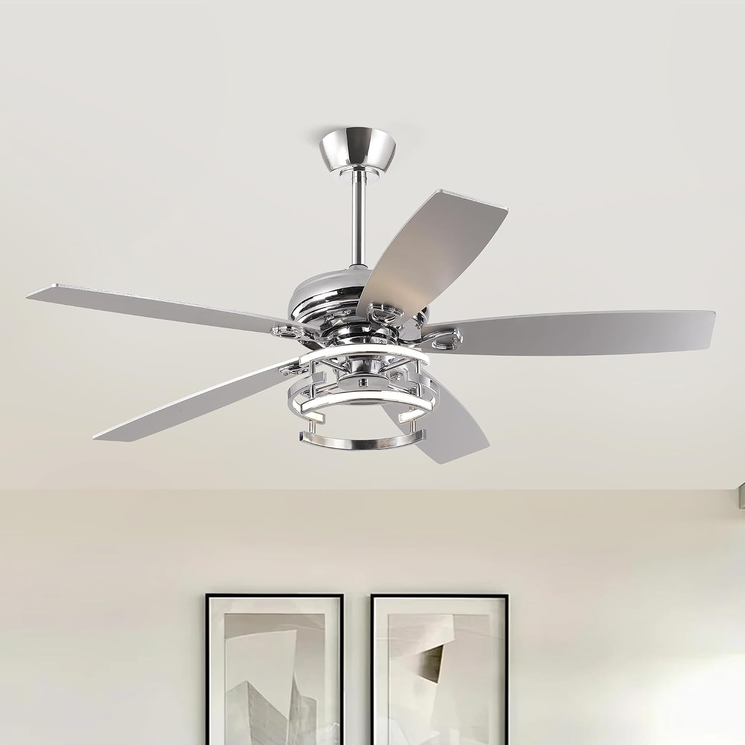 Ceiling Fans with Lights and Remote - Modern Silver Ceiling Fan with 3CCT, 6 Speeds, Quiet, Dual-Sided Reversible Blades Indoor Outdoor Chandelier Fan for Bedroom Living Room