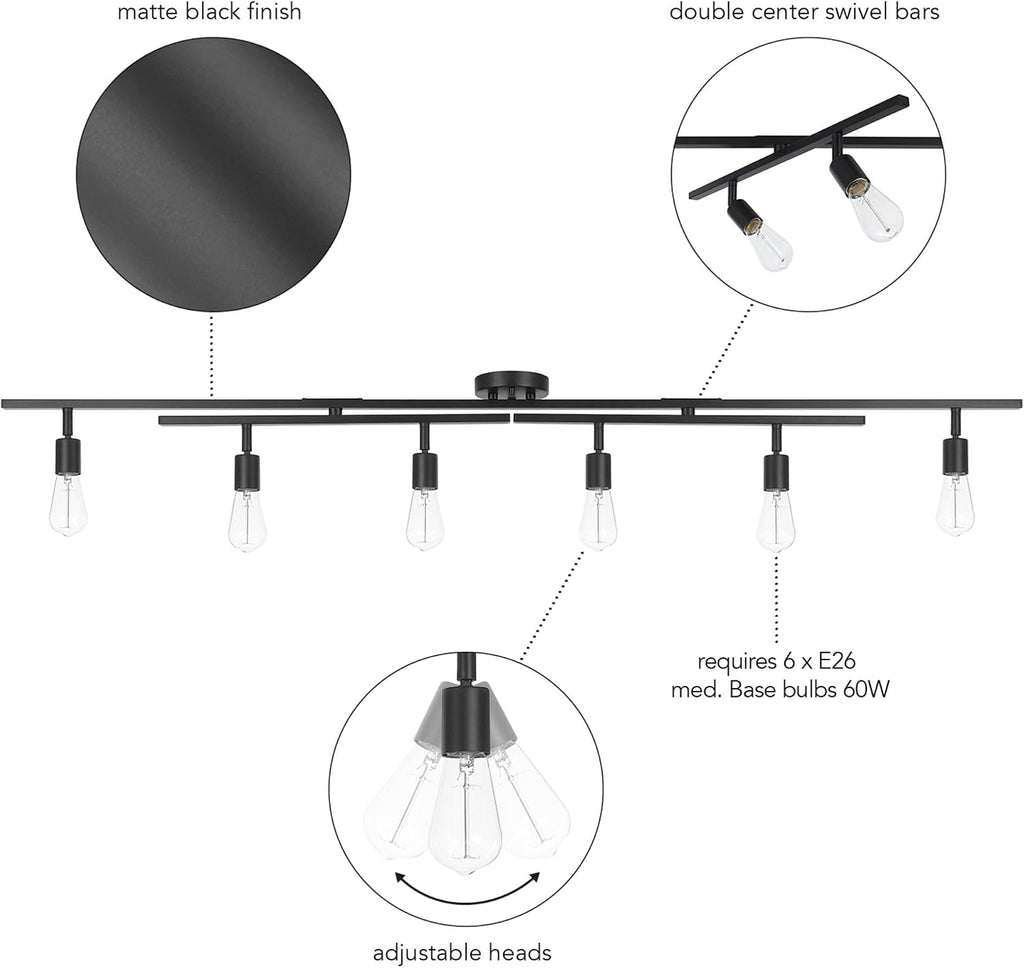 Globe Electric 64000125 64' 6-Light Double Center Swivel Track Lighting, Matte Black, Adjustable Pivoting Heads, Center Canopy, Modern Ceiling Light for Kitchen Island, Hallway, or Dining Room