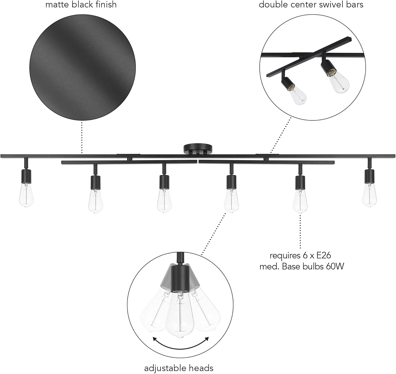Globe Electric 64000125 64' 6-Light Double Center Swivel Track Lighting, Matte Black, Adjustable Pivoting Heads, Center Canopy, Modern Ceiling Light for Kitchen Island, Hallway, or Dining Room