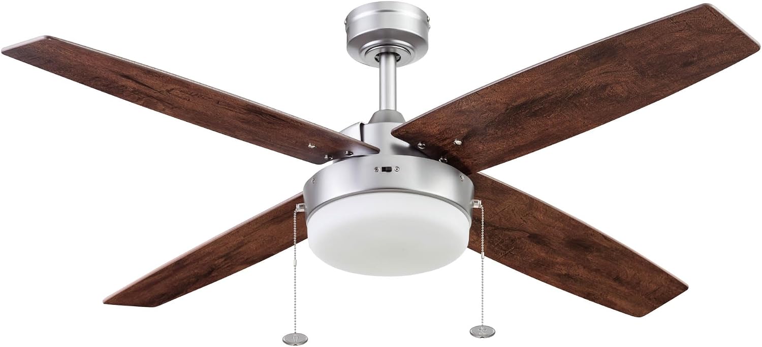 Prominence Home Memphis, 52 Inch Contemporary Indoor LED Ceiling Fan with Light, Pull Chain, Dual Mounting Options, 4 Dual Finish Blades, Reversible Motor - 51652-01 (Pewter)