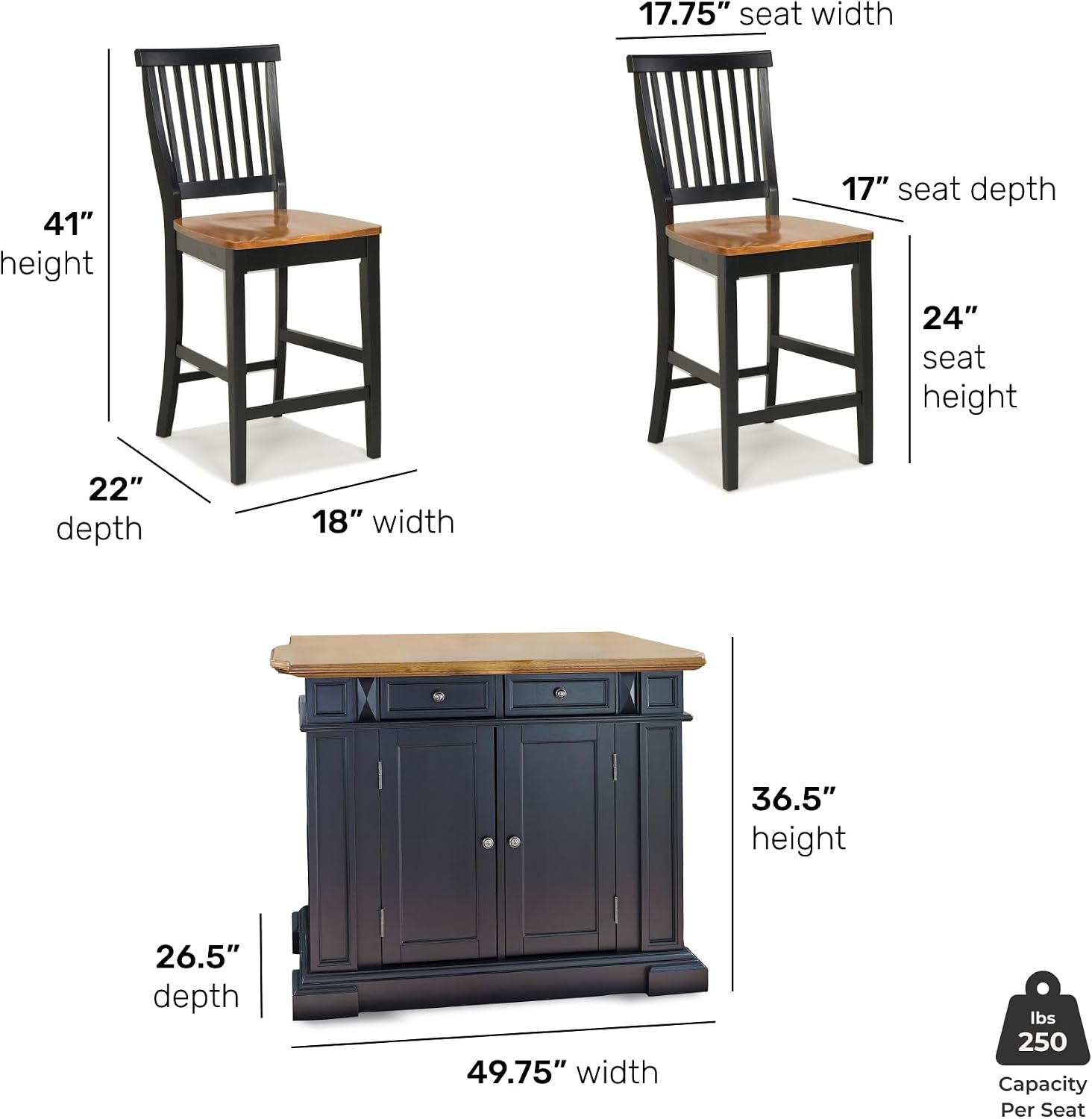 Home Styles Large Kitchen Island Set with Two Matching Stationary Slat back Stools with Antique Black finish and Distressed Oak Top, Extendable Breakfast Bar, Open Storage and Shelves and Drawers