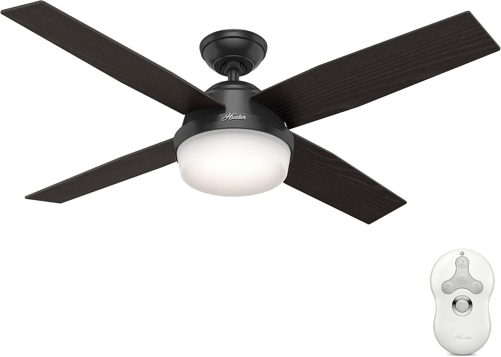Hunter 52 inch Outdoor or Indoor Ceiling Fan with LED Light and Remote Control - Black Ceiling Fan, Standard Mount, 4 Blades, For Patio, Porch, Garage, or Living Room - Dempsey 59251, Matte Black