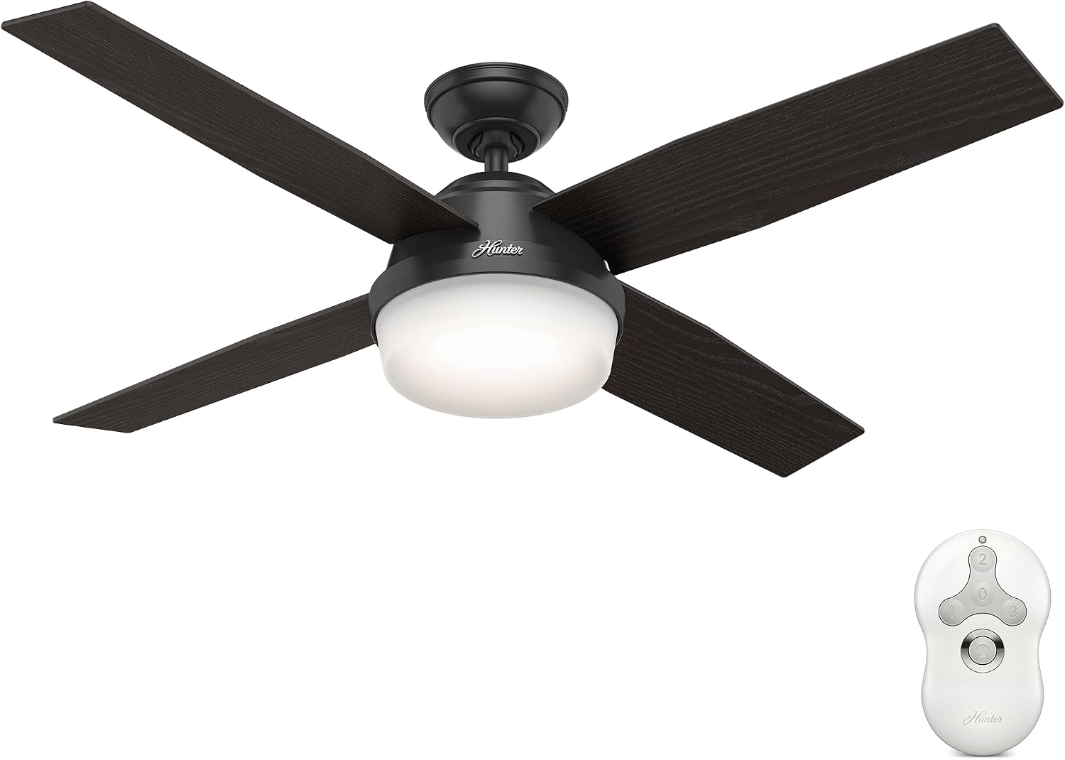 Hunter 52 inch Outdoor or Indoor Ceiling Fan with LED Light and Remote Control - Black Ceiling Fan, Standard Mount, 4 Blades, For Patio, Porch, Garage, or Living Room - Dempsey 59251, Matte Black