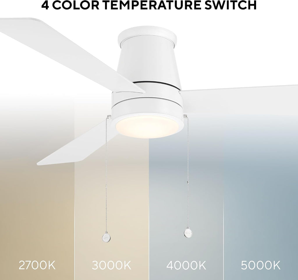 WAC Lighting Hug Indoor or Outdoor 3-Blade 52in Pull Chain Flush Mount Ceiling Fan in Matte White with Adjustable CCT 2700-3000-4000-5000K Dimmable LED Light Kit and Memory Function