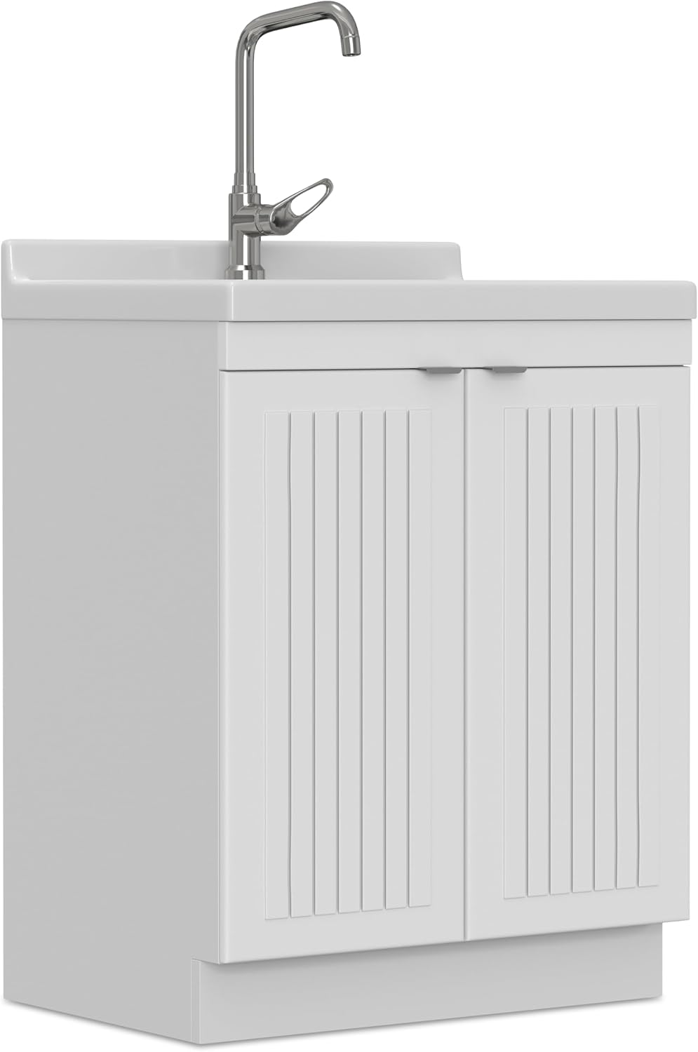 SIMPLIHOME Murphy All-in-One 28 inch Wide Utility Sink and Laundry Cabinet in Pure White Finish, Transitional ABS Sink Cabinet for Laundry Rooms with High-Arch Chrome Faucet and Pull-Out Spray