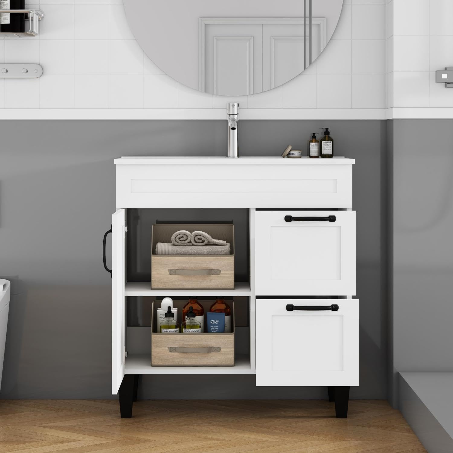 31.5-inch Bathroom Vanity with Sink Combo White Ceramic Basin Medium Bathrooms, Family Powder Rooms, En Suites Modern Upgrade
