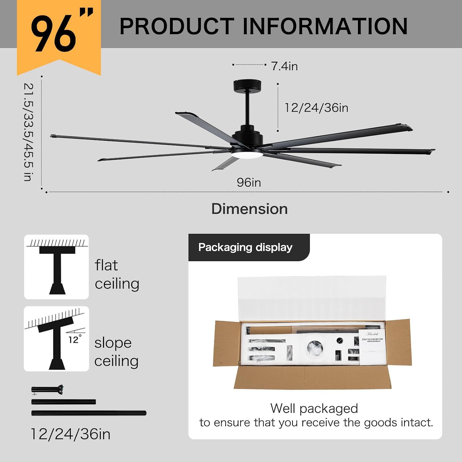 Minislak 96' Industrial & Commercial HVLS 7 Black Aluminum Blades Ceiling Fan with Light and Compatible Alexa,High CFM Brushless Motor,6-Speed,Indoor Outdoor Ceiling Fan for Patio,Garage,Shop,Library