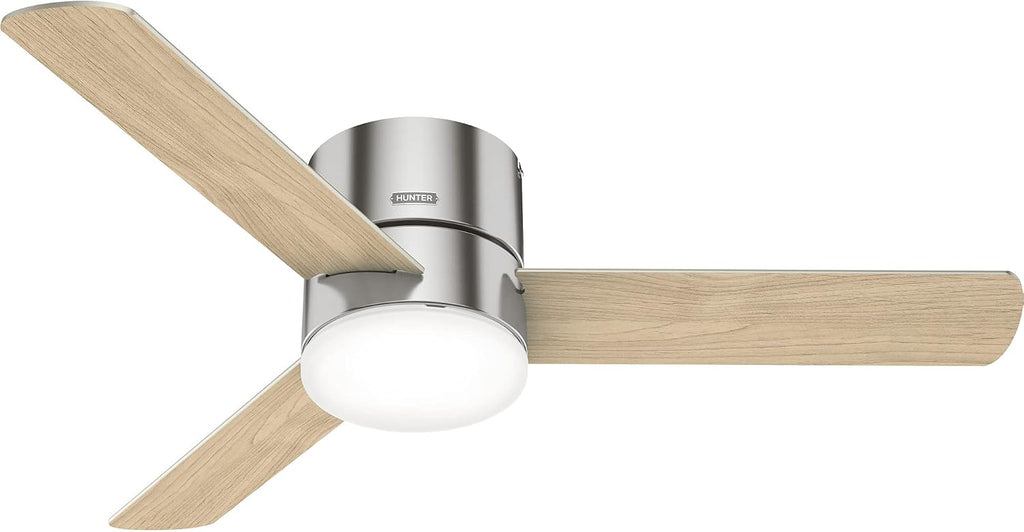 Hunter 52 inch Indoor Ceiling Fan with Light and Remote Control - For Bedroom or Living Room, Low Profile Flush Mount, Modern Ceiling Fan with LED Light, Quiet, 3 Blades- Minimus 51431, Brushed Nickel