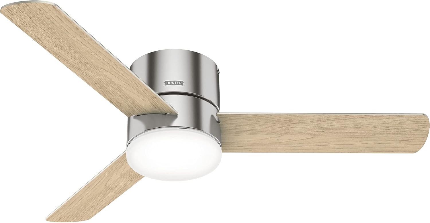 Hunter 52 inch Indoor Ceiling Fan with Light and Remote Control - For Bedroom or Living Room, Low Profile Flush Mount, Modern Ceiling Fan with LED Light, Quiet, 3 Blades- Minimus 51431, Brushed Nickel