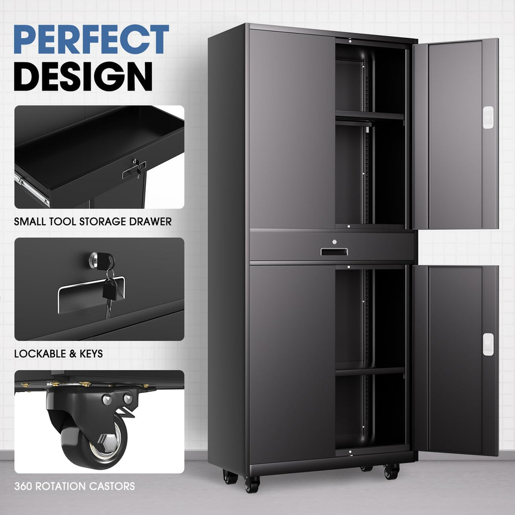 DNA Motoring 73'' Metal Storage Cabinet, Rolling Garage Cabinet with 1 Drawer and Adjustable Shelves, Lockable Heavy Duty Metal Locker for Garage,Office,Home,Gym, Black, TOOLS-00630-BK-BK-A