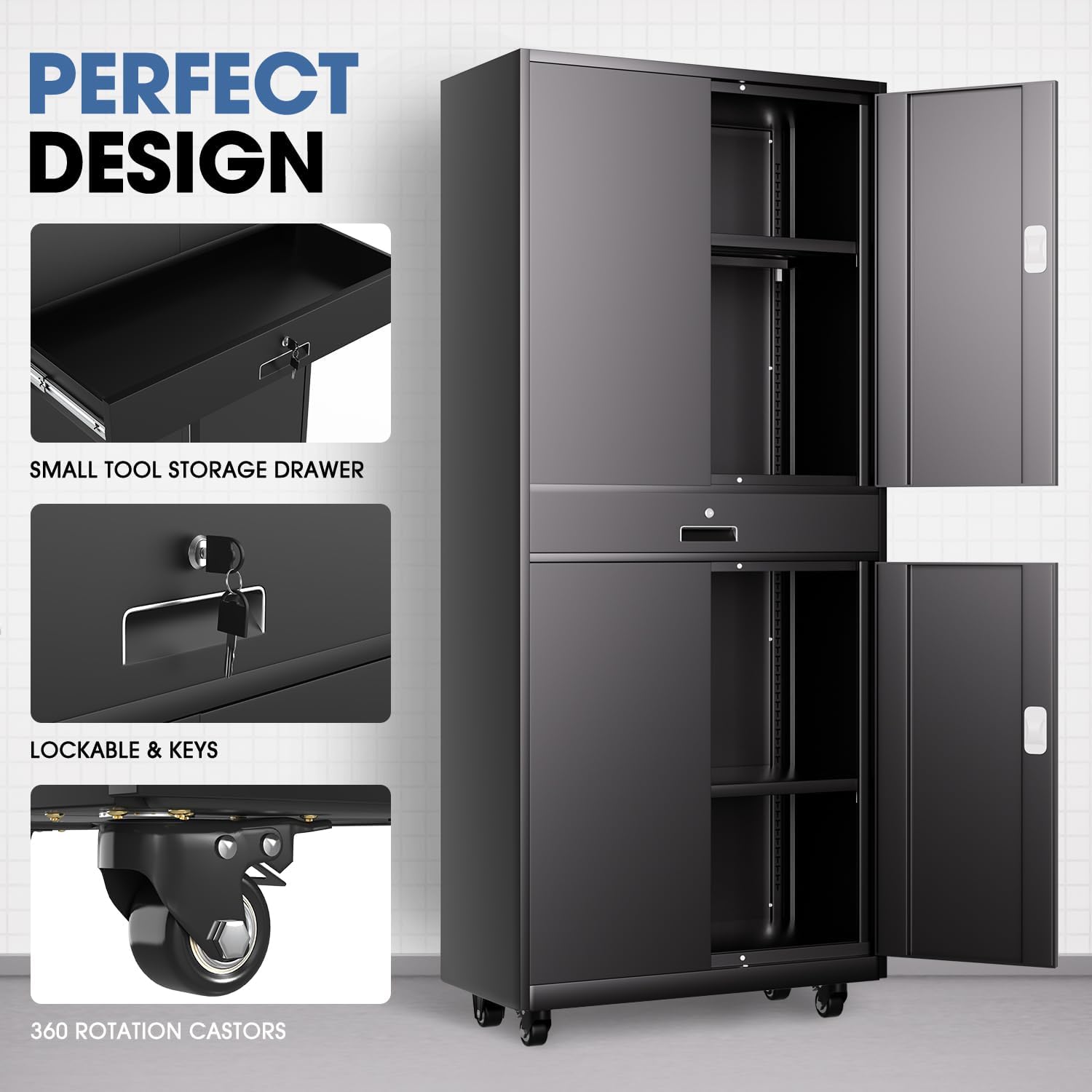 DNA Motoring 73'' Metal Storage Cabinet, Rolling Garage Cabinet with 1 Drawer and Adjustable Shelves, Lockable Heavy Duty Metal Locker for Garage,Office,Home,Gym, Black, TOOLS-00630-BK-BK-A
