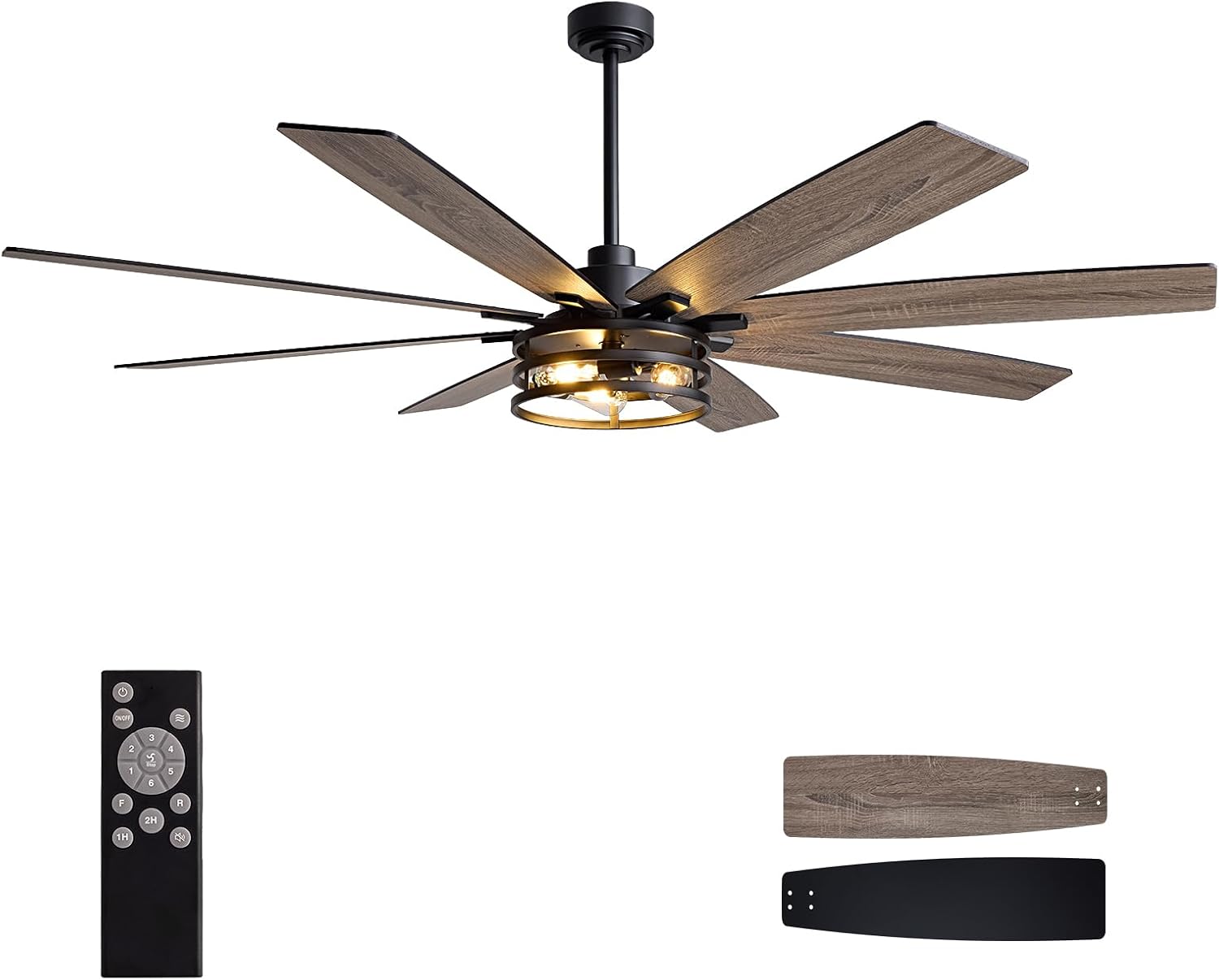 LuminFan 72 inch Large Ceiling Fans with Lights and Remote, Black Modern Ceiling Fan for Living Room, Patios, 6 Speed Reversible Quiet DC Motor, 8 Blades, Easy to Install