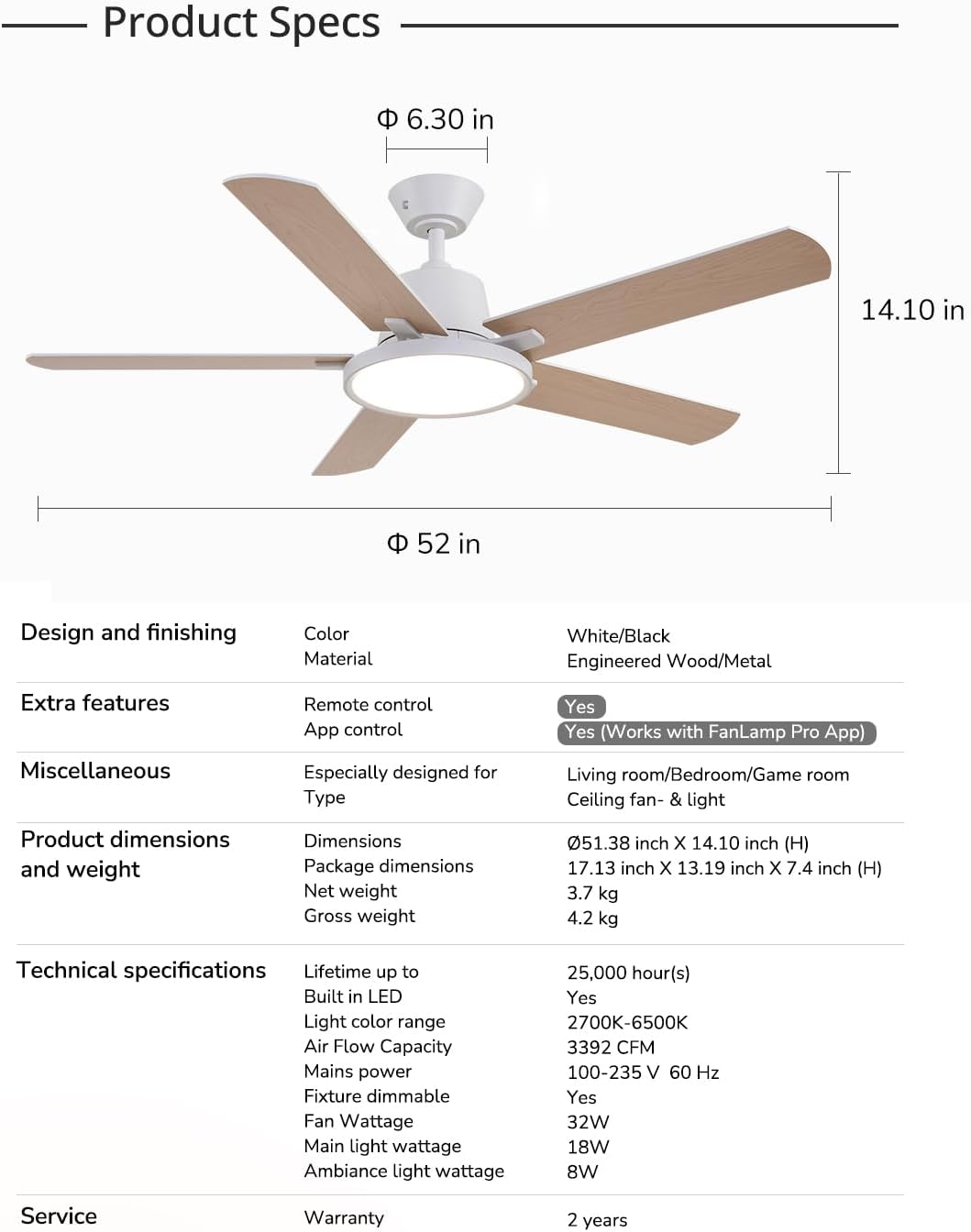 Orison Ceiling Fans with Lights, 52 inch Low Profile Ceiling Fan with RGB Backlight, Flush Mount Ceiling Fan with Remote and App Control,White Bedroom Fan, 6 Speeds, 3 Reversible Blades (White RGB)