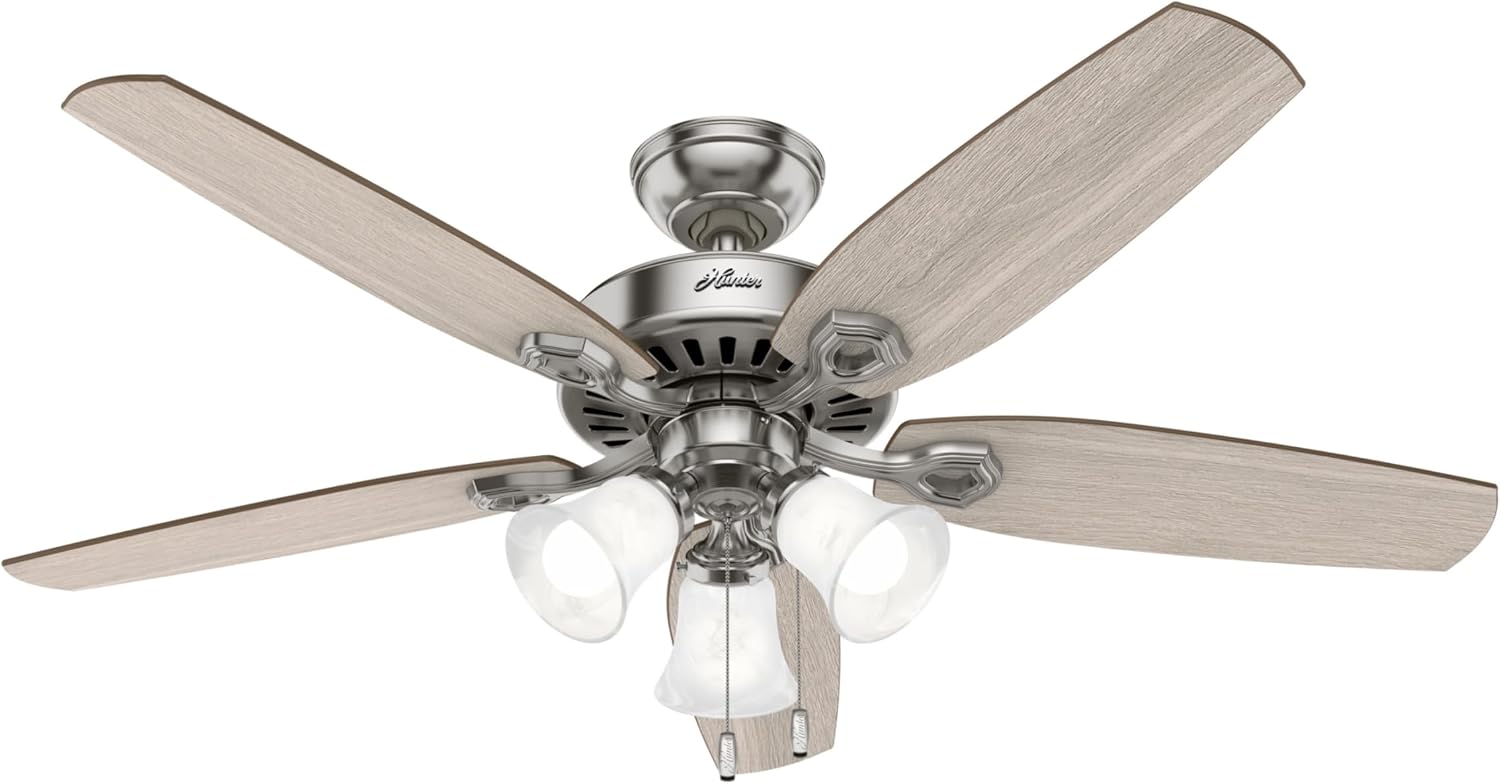 Hunter 52 inch Indoor Ceiling Fan with LED Lights - Ceiling Fan with Pull Chain, For Bedroom or Living Room, Standard Mount, No Remote, 5 Blades, Includes Bulbs - Builder Plus 51111, Brushed Nickel