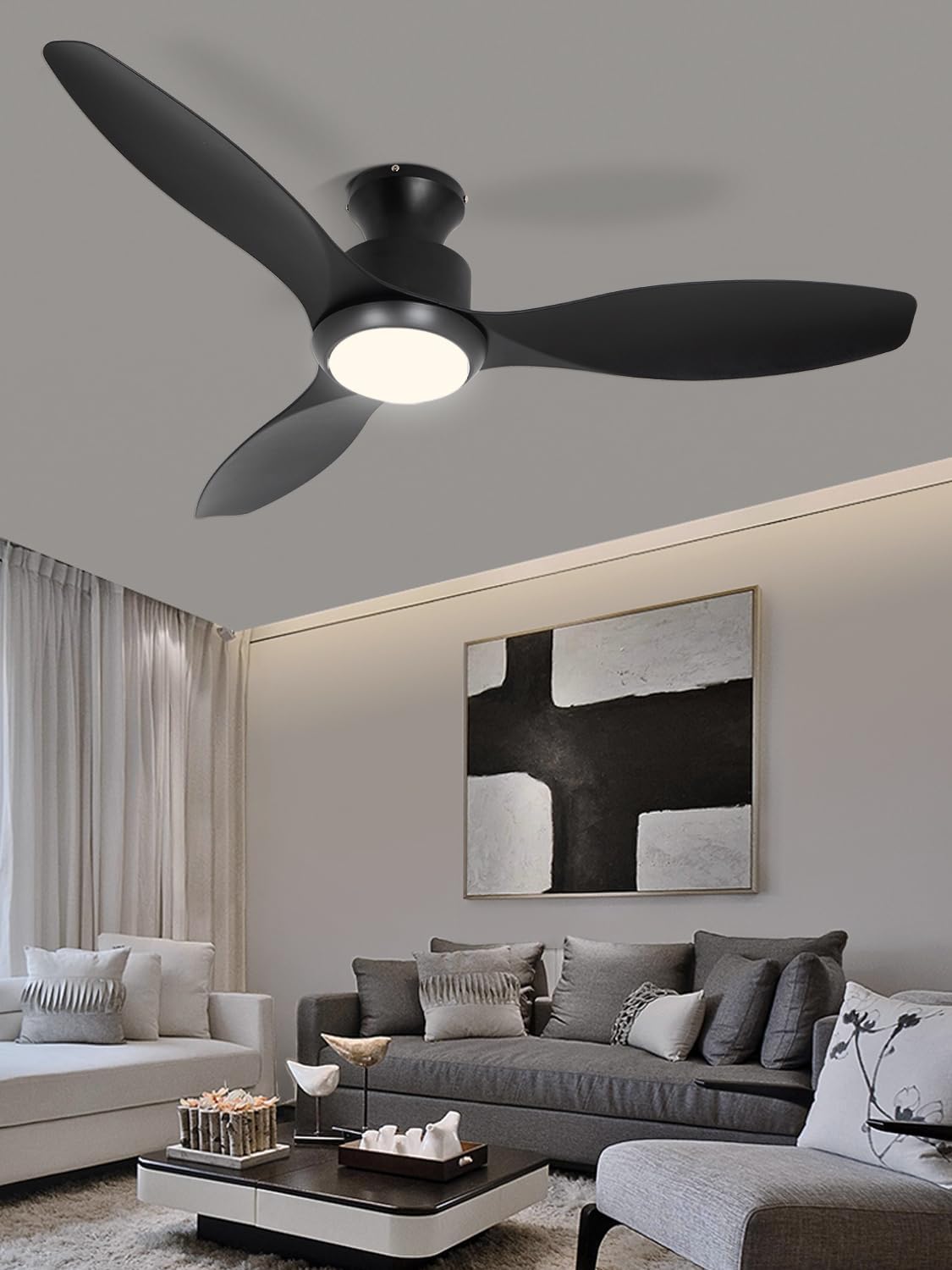 48' Ceiling Fan with Light and Remote, Black Flush Mount Ceiling Fan with 3 Blades,3 Color Dimmable Lights, 6 Speeds, Queit DC Motor, Memory Function, Indoor/Outdoor/Bedroom/Living Room/Patios, Black