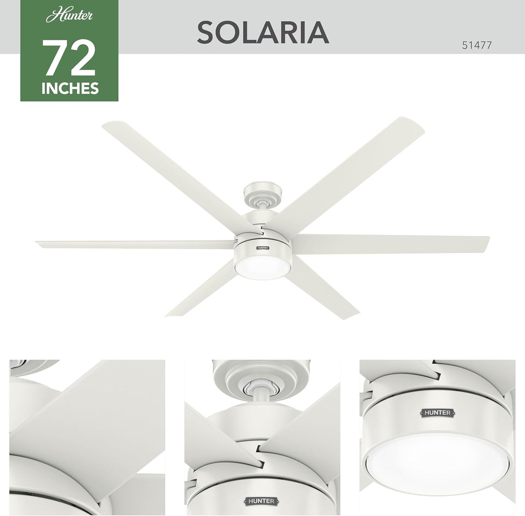 Hunter 72 inch Outdoor or Indoor Ceiling Fan with LED Light - White Ceiling Fan with Wall Control, For Patio, Garage, or Porch, Quiet, Standard Mount, 6 Blades - Solaria 51477, Fresh White