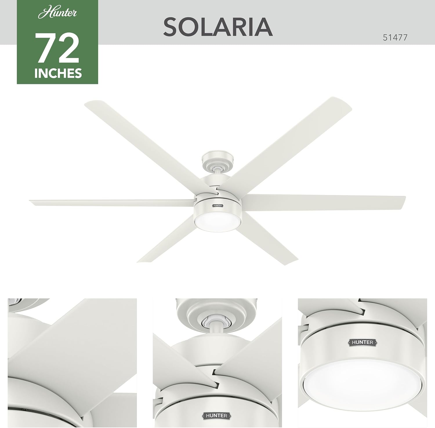 Hunter 72 inch Outdoor or Indoor Ceiling Fan with LED Light - White Ceiling Fan with Wall Control, For Patio, Garage, or Porch, Quiet, Standard Mount, 6 Blades - Solaria 51477, Fresh White