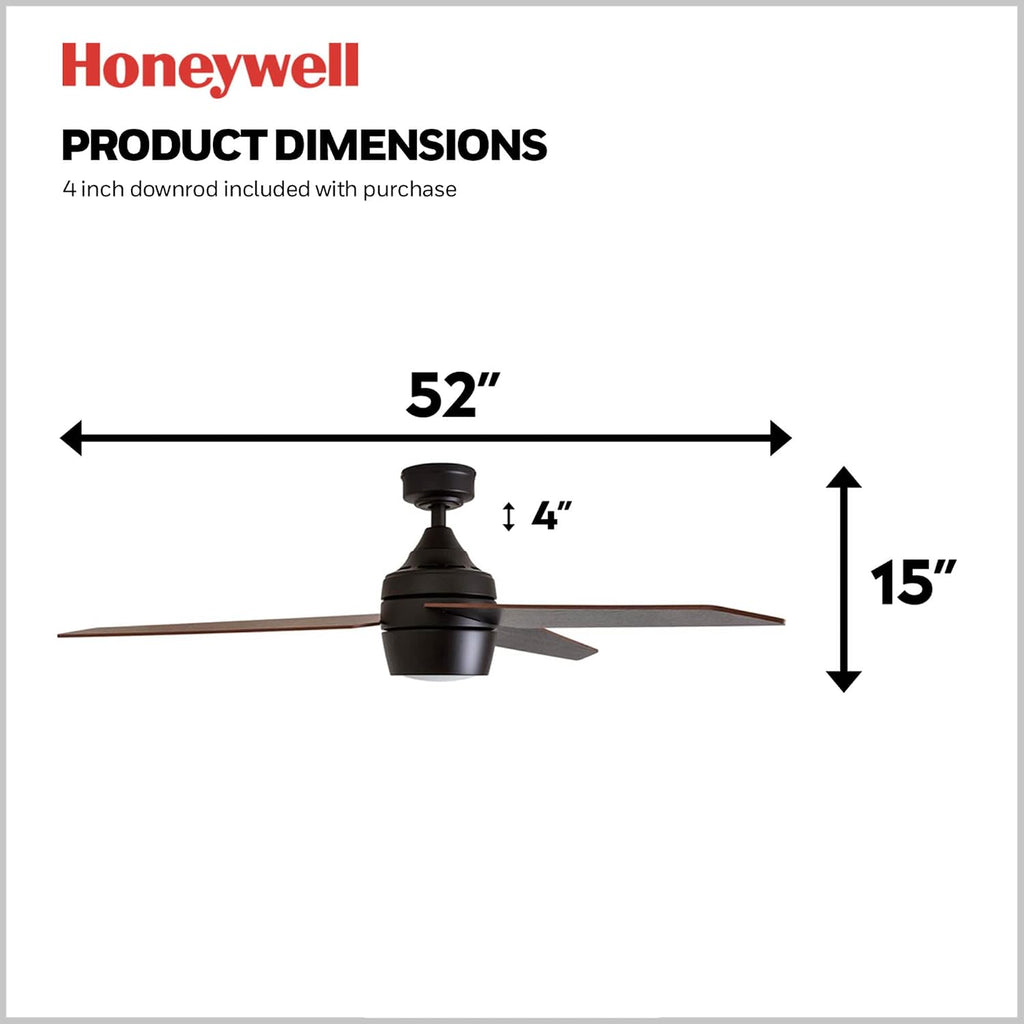 Honeywell Ceiling Fans Eamon Modern 52 Inch Ceiling Fan with Light, LED Fan with Remote Control, Indoor Fan, 3 Contemporary Blades with Maple and Black Wood Finish Options, Bronze (51922-01)