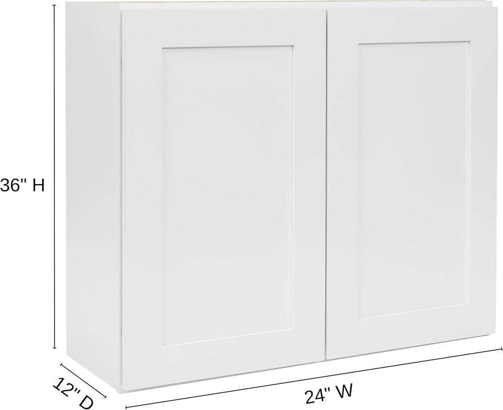 White Shaker Wall Cabinet - Ready to Assemble, Perfect for Kitchen, Laundry, and Bathroom Storage - 24'W x 36'H x 12'D