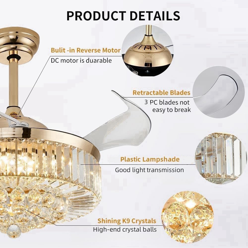 42'' Fandelier Ceiling Fans with Light, Chandelier Ceiling Fan, Retractable Crystal Ceiling Fan for Bedroom, Living Room, 3 Color Change, LED Dimmable, 6 Speeds, Reversible DC Motor-Gold