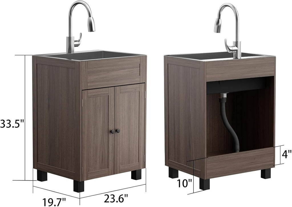 VINGLI 24-Inch Laundry Sink with Cabinet and Pull-Out Sprayer Faucet, Stainless Steel Utility Sink with Cabinet and Drawer Combo, Cabinet with Sink for Laundry & Utility Room, Kitchen, Bathroom, Brown