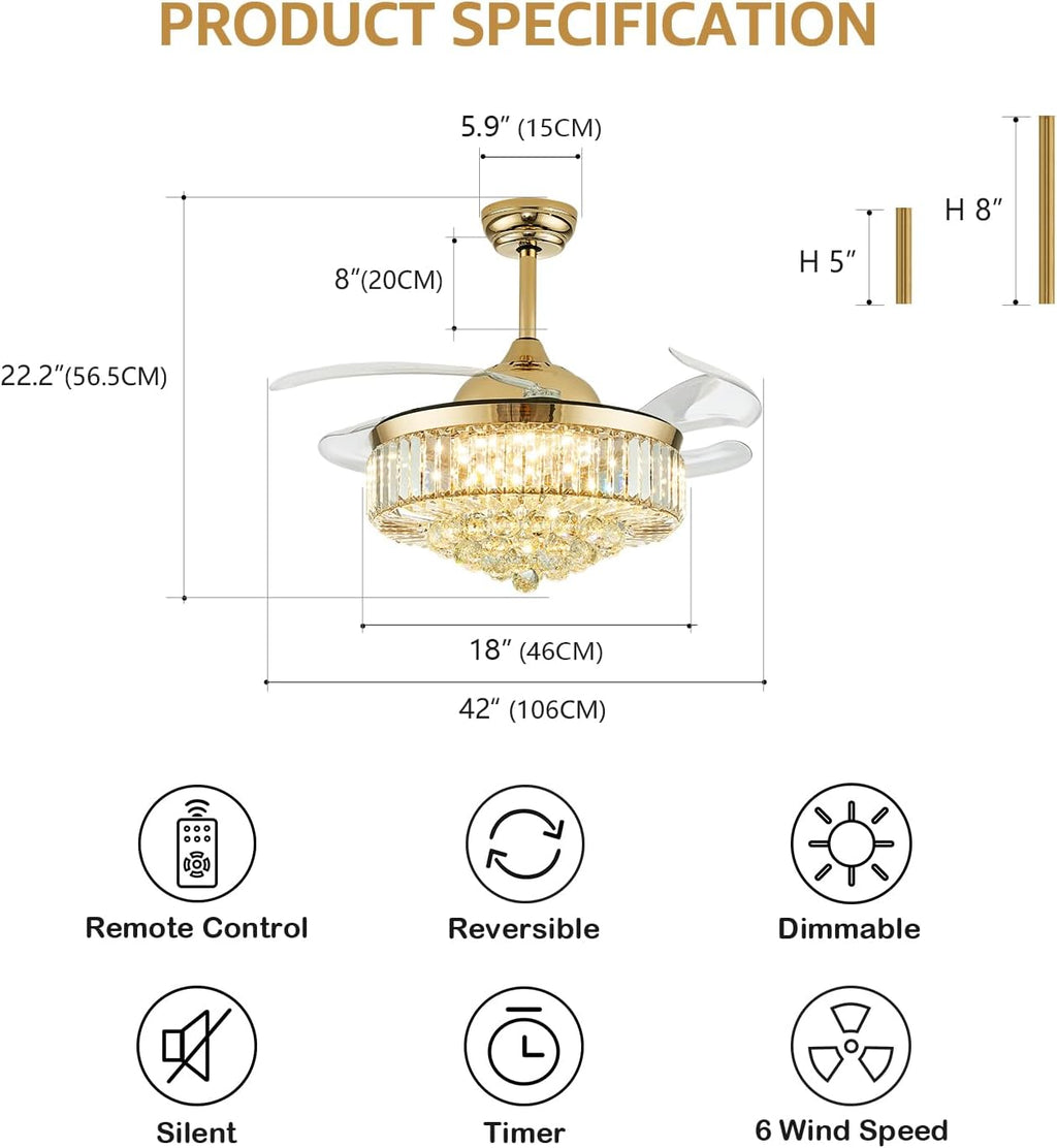 42 Inch Crystal Ceiling Fan with Light and Remote Modern Gold Dimmable Fandelier Invisible Retractable Chandelier Fan for Bedroom Living Room Dining Room
