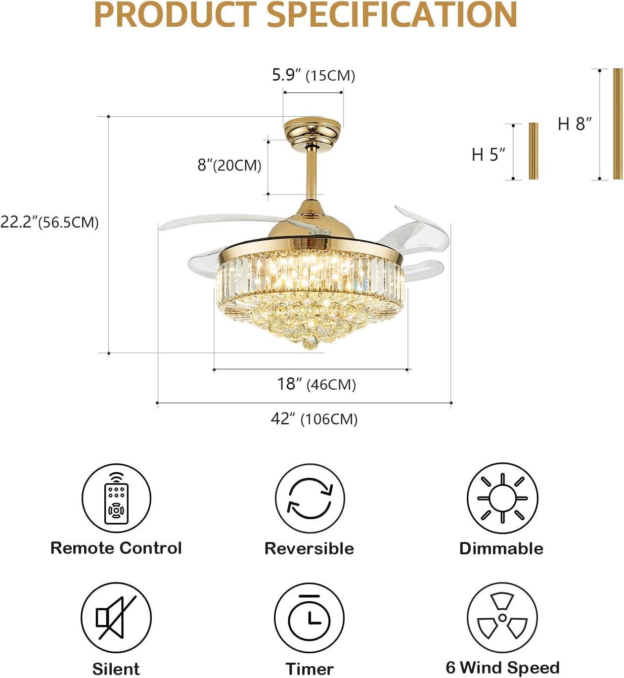 42 Inch Crystal Ceiling Fan with Light and Remote Modern Gold Dimmable Fandelier Invisible Retractable Chandelier Fan for Bedroom Living Room Dining Room
