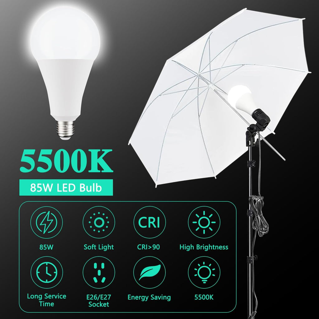 Photo Video Studio 10 x 8.5ft Stand with Muslin Backdrop (Green /White /Black) & 85W 5500K Led Bulb & Umbrella Lighting Kit Photography Background Support System Kit,Clamp, Carry Bag