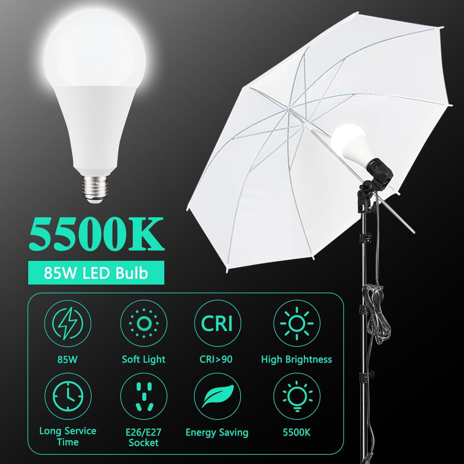 Photo Video Studio 10 x 8.5ft Stand with Muslin Backdrop (Green /White /Black) & 85W 5500K Led Bulb & Umbrella Lighting Kit Photography Background Support System Kit,Clamp, Carry Bag
