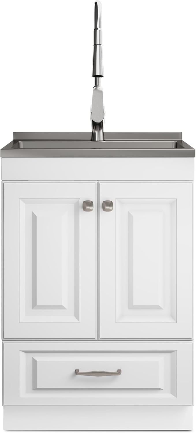 SIMPLIHOME Lawrence All-in-One 24 inch Wide Utility Sink and Laundry Cabinet in Pure White Finish, Transitional Stainless Steel Sink Cabinet for Laundry Rooms with High-Arch Brushed Nickel Faucet