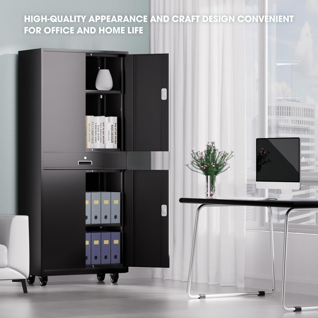 DNA Motoring 73'' Metal Storage Cabinet, Rolling Garage Cabinet with 1 Drawer and Adjustable Shelves, Lockable Heavy Duty Metal Locker for Garage,Office,Home,Gym, Black, TOOLS-00630-BK-BK-A