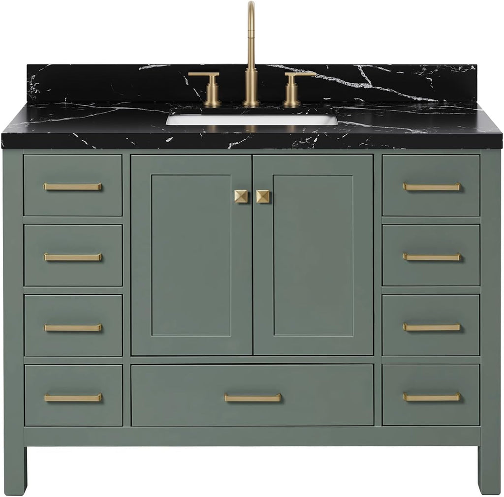 ARIEL Cambridge 48 Inch Single Rectangle Sink Bathroom Vanity with Nero Marquina Black Quartz Countertop 1.5 Inch in Vintage Green
