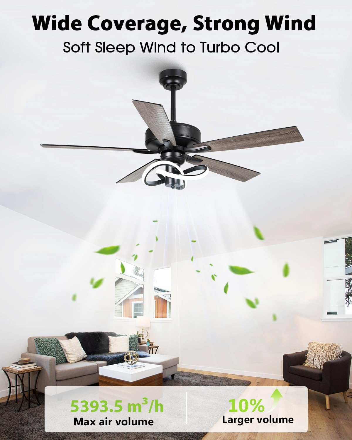 52 Inch Ceiling Fans with Lights and Remote - Creative Black Modern Ceiling Fan, 3CCT, 6 Speeds, Quiet, Dual-Sided Reversible 5 Blades Indoor Outdoor Chandelier Fan for Bedroom Living Room