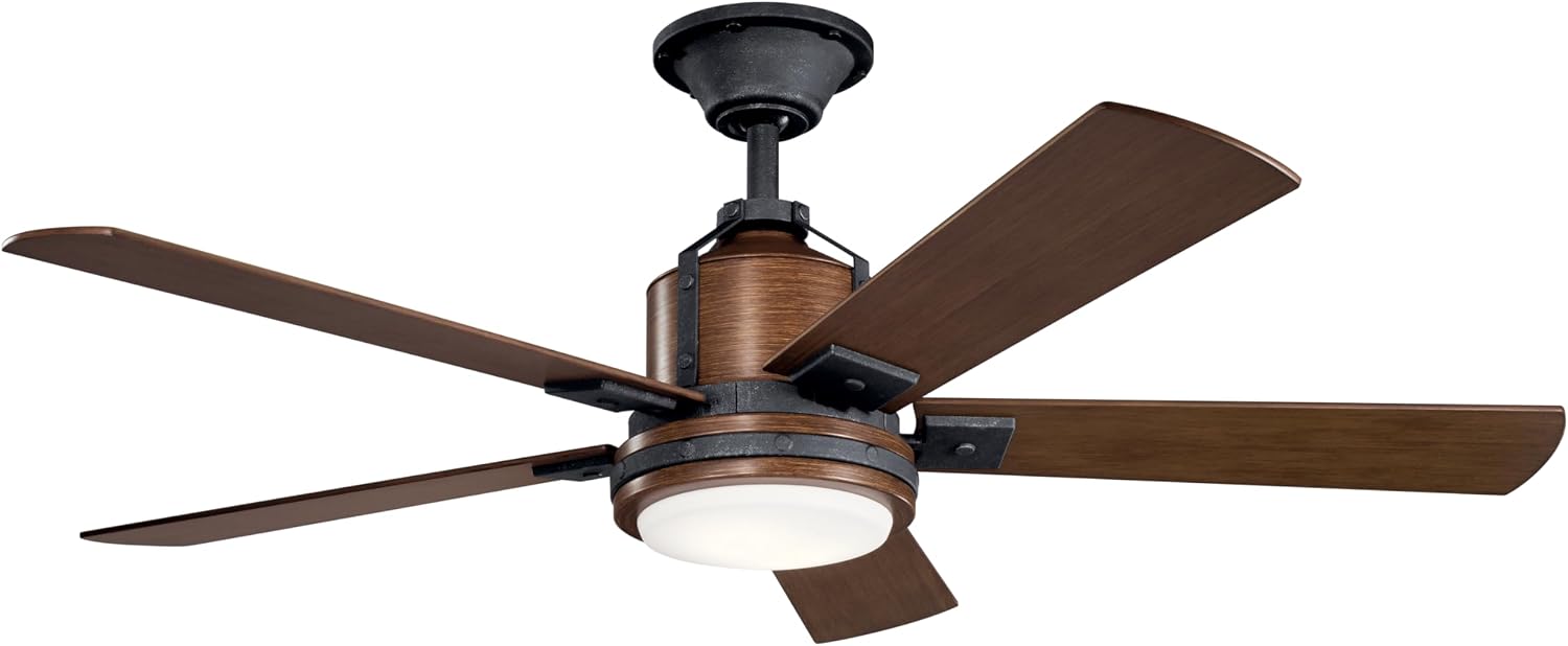 Kichler Colerne 52'Ceiling Fan with LED Light in Black, 5-Blade Vintage Industrial IndoorFan, 3000k, (52'W x 17' H), 300052DBK