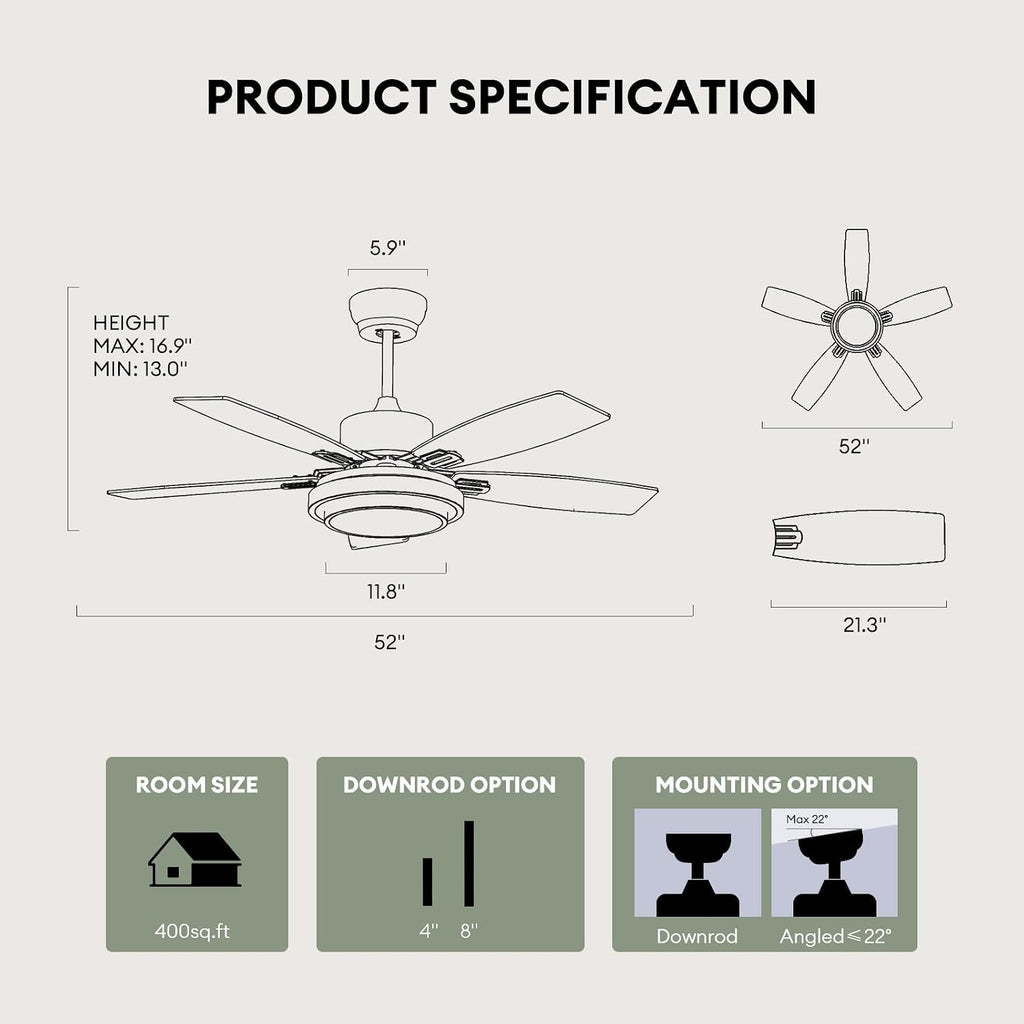 52 Inch Ceiling Fans with Lights and Remote Control, Ceiling Fan for Bedroom Living Room and Patio, Medium Grey Ceiling Fan for Indoor and Outdoor