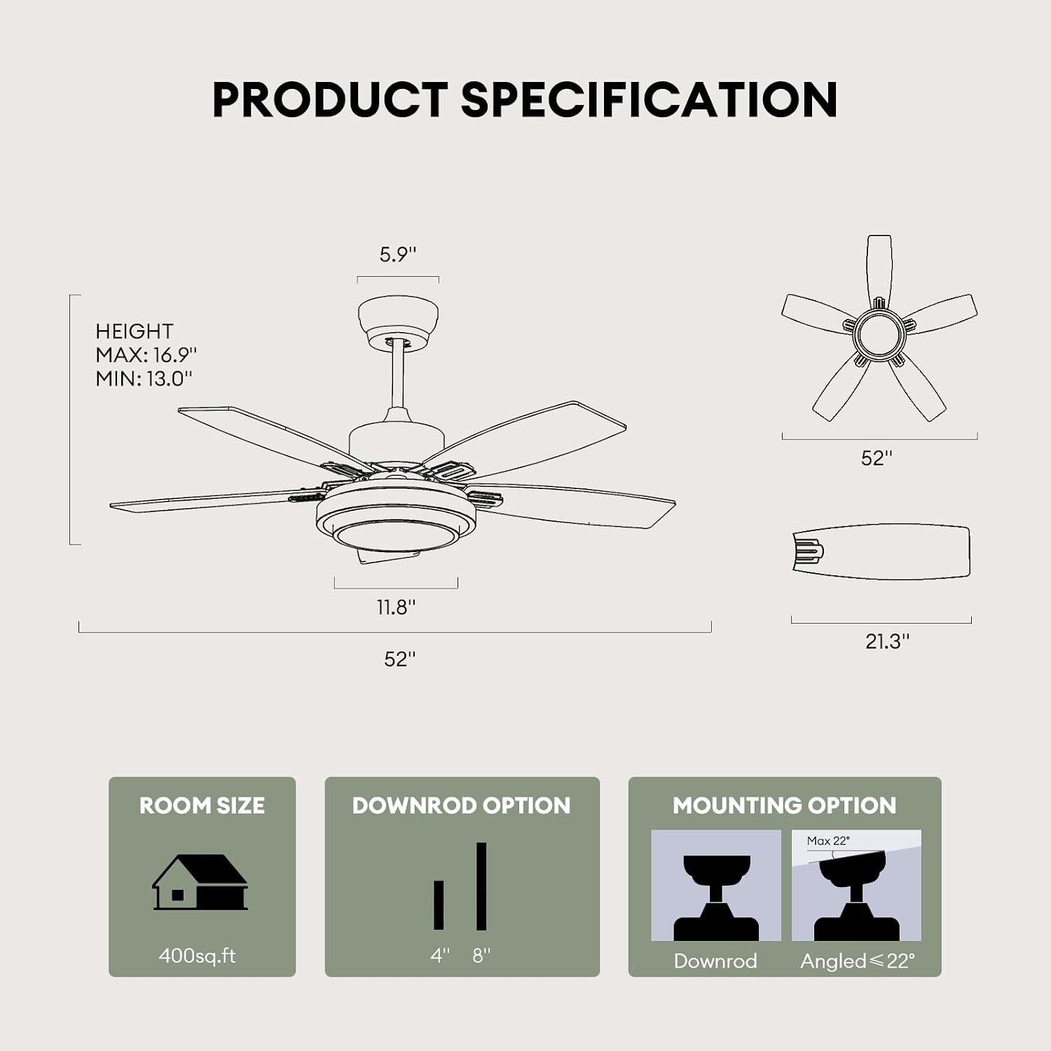 52 Inch Ceiling Fans with Lights and Remote Control, Ceiling Fan for Bedroom Living Room and Patio, Medium Grey Ceiling Fan for Indoor and Outdoor