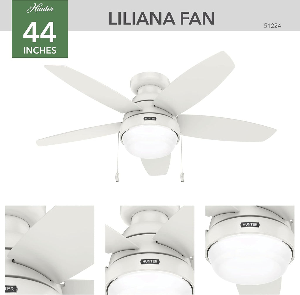 Hunter 44 inch Indoor Ceiling Fan with LED Light - White Ceiling Fan with Pull Chain, For Bedroom, Living Room, or Kitchen, Low Profile Mount, No Remote, 5 Blades - Lilliana 51224, Fresh White