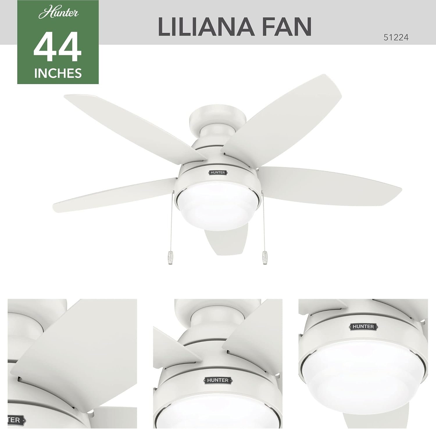 Hunter 44 inch Indoor Ceiling Fan with LED Light - White Ceiling Fan with Pull Chain, For Bedroom, Living Room, or Kitchen, Low Profile Mount, No Remote, 5 Blades - Lilliana 51224, Fresh White