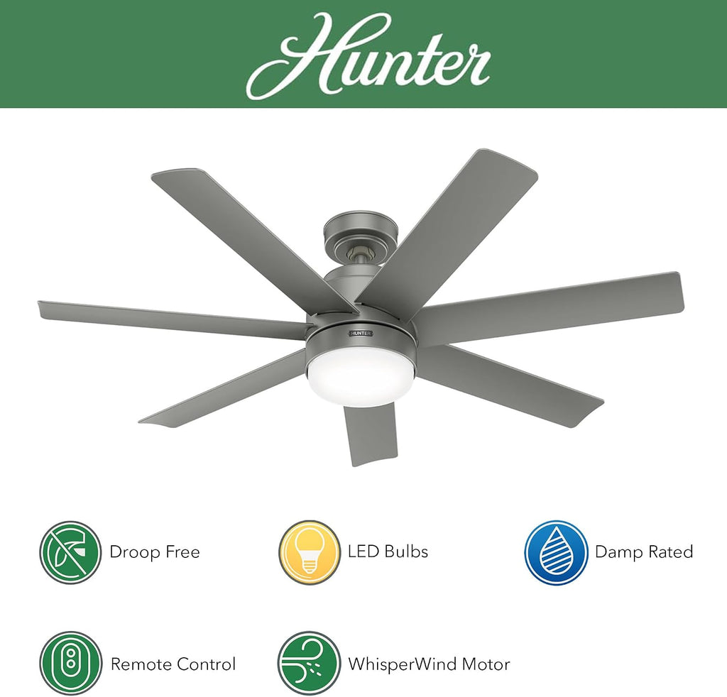 Hunter Fan 52 inch Matte Silver Indoor/Outdoor Ceiling Fan with Light and Remote Control for Bedroom, Living Room, Office, Basement, Kitchen, Patio, CC5C23C76 (Renewed)