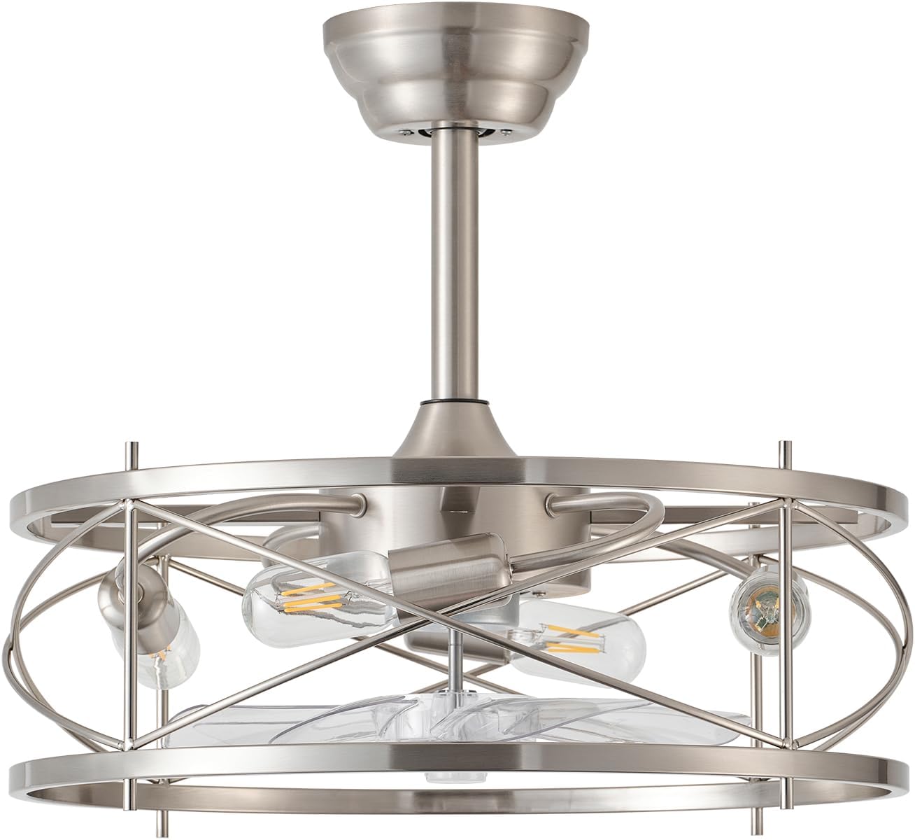 20' Farmhouse Fandelier Ceiling Fan with Light, Caged Bladeless Ceiling Fans with Lights and Remote, Rustic Small Enclosed with 6 Speeds for Bedroom, Kitchen, Living Room, Silver