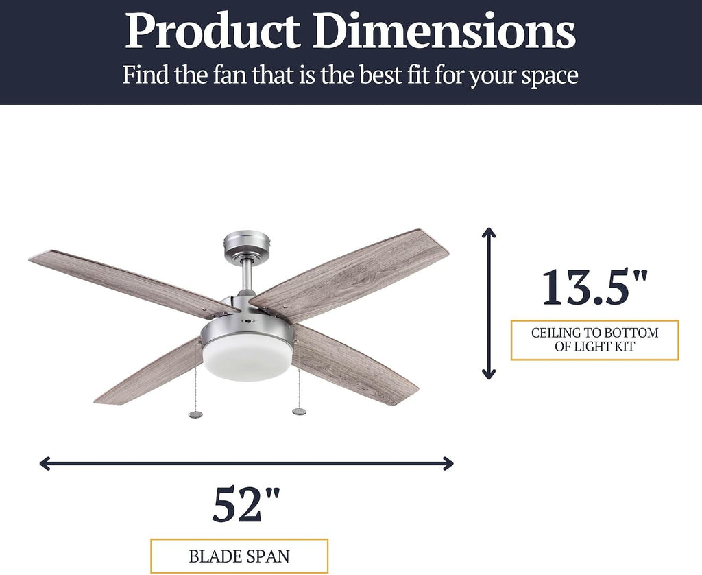 Prominence Home Memphis, 52 Inch Contemporary Indoor LED Ceiling Fan with Light, Pull Chain, Dual Mounting Options, 4 Dual Finish Blades, Reversible Motor - 51652-01 (Pewter)