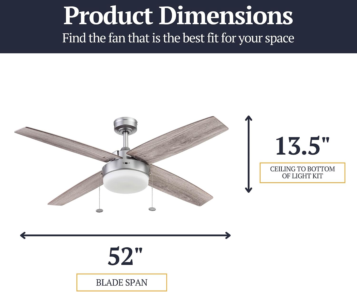 Prominence Home Memphis, 52 Inch Contemporary Indoor LED Ceiling Fan with Light, Pull Chain, Dual Mounting Options, 4 Dual Finish Blades, Reversible Motor - 51652-01 (Pewter)