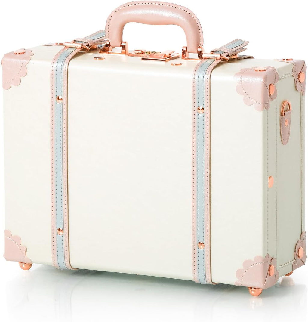 COTRUNKAGE 16' Carry On Suitcase Cute Pu Overnight Vintage Trunk Luggage Bag for Women with Strap, Cream White