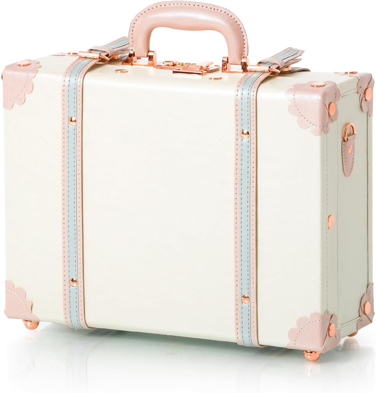 COTRUNKAGE 16' Carry On Suitcase Cute Pu Overnight Vintage Trunk Luggage Bag for Women with Strap, Cream White