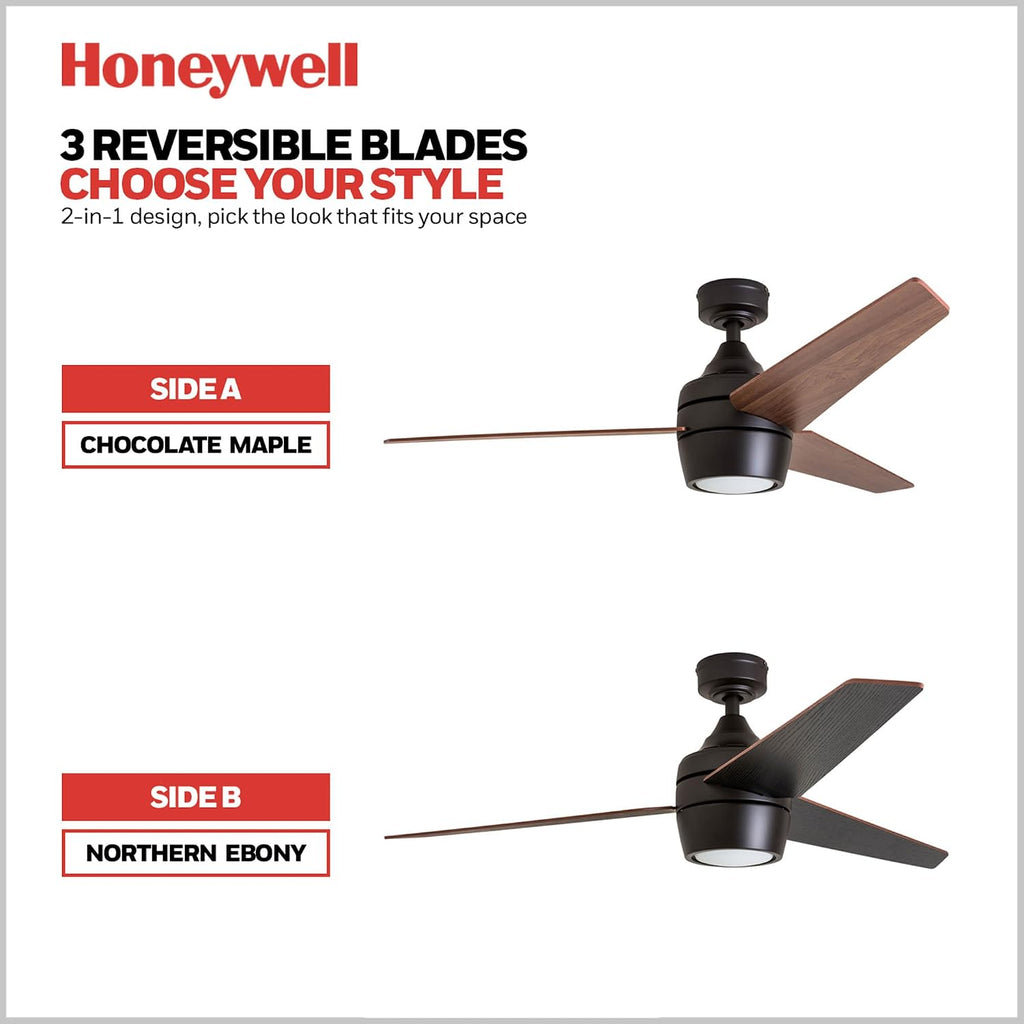 Honeywell Ceiling Fans Eamon Modern 52 Inch Ceiling Fan with Light, LED Fan with Remote Control, Indoor Fan, 3 Contemporary Blades with Maple and Black Wood Finish Options, Bronze (51922-01)