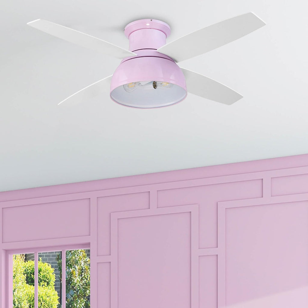 Prominence Home Edora, 52 Inch Industrial Style Flush Mount LED Ceiling Fan with Light, Remote Control, 4 Modern Blades, Reversible Motor - 51674-01 (Peony Pink)