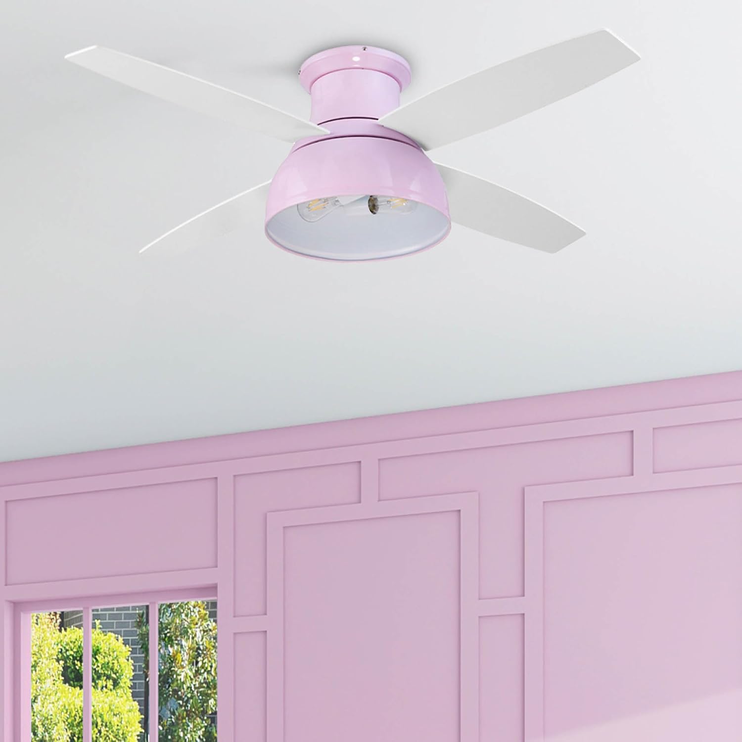 Prominence Home Edora, 52 Inch Industrial Style Flush Mount LED Ceiling Fan with Light, Remote Control, 4 Modern Blades, Reversible Motor - 51674-01 (Peony Pink)
