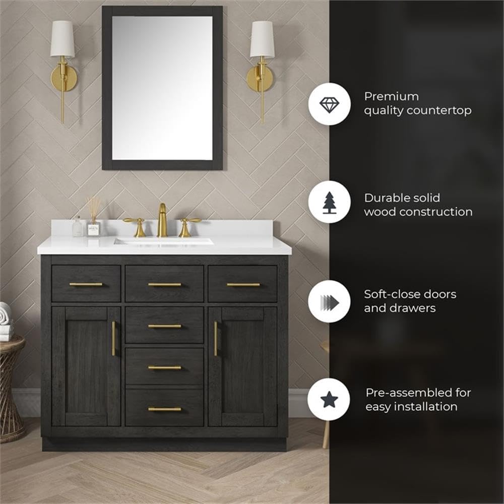 Pemberly Row 42' Bathroom Vanity, Matte Black Wood, White Quartz Countertop, 20' Undermount Sink, Brushed Gold Hardware, Shaker Style, Ample Storage, Ideal for Small Bathroom or Powder Room
