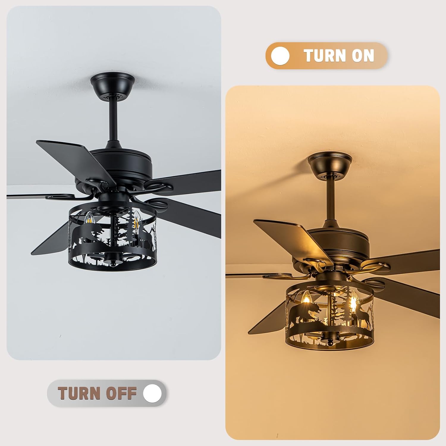 52' Farmhouse Ceiling Fan with Light and Remote, Rustic Fandelier Ceiling Fan with Deer & Bear Cut-out Drum Cage, Quiet Reversible DC Motor for Bedroom, Living Room, Kitchen, Black