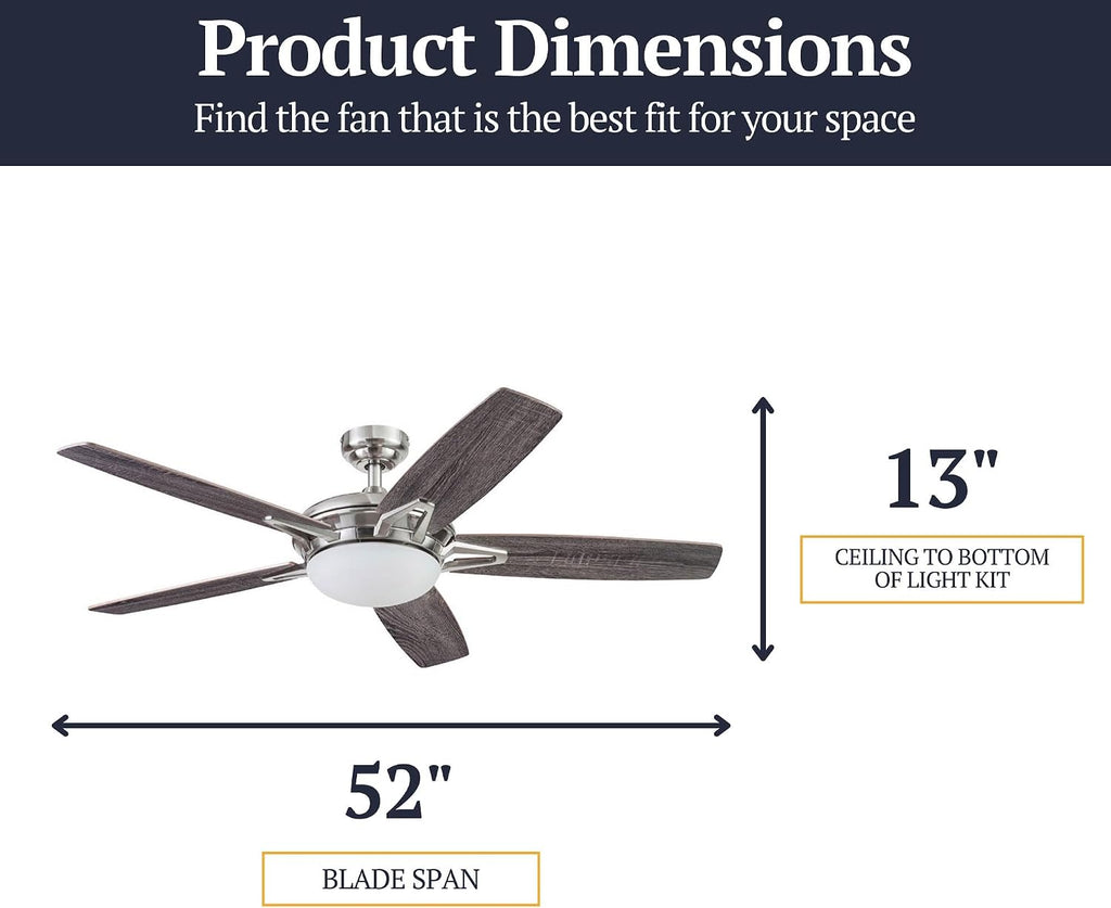 Prominence Home Clancy, 52 Inch Contemporary LED Ceiling Fan with Integrated Dome Light, Remote Control, Dual Mount, 5 Reversible Dual-Finish Blades - 51482-01 (Brushed Nickel)
